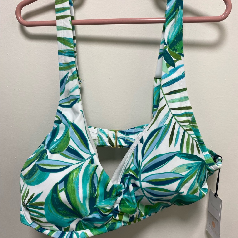 Shade & Shore Green and White Palm Leaf Bikini Top, 38D, NWT, removable pads